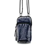 Bandolera porta celular color azul con efecto denim, con dos compartimentos con cierre y correa regulable de elástico.