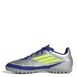 Championes de fútbol Adidas F50 Club TF Messi, color gris con detalles en azul y amarillo. Diseñados para césped artificial.