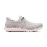 Championes deportivos Skechers Hands Free Slip-ins Virtue Flawless, color gris claro, con capellada de tejido de punto Stretch Fit, cordones elásticos fijos, plantilla Air-Cooled Memory Foam y suela flexible.