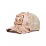Gorra de béisbol con visera curva y paneles traseros de malla color beige. Presenta un estampado abstracto en tonos marrones y un parche cuadrado con el bordado de un caballo blanco y la palabra "Stallion".