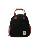 Mochila pequeña combinada en tonos beige, rosa y amarillo, con bolsillo frontal acolchado y bordado con la frase 'paix amour bonheur'.