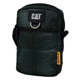 Bolso bandolera Caterpillar Rodney, color negro con estampado geométrico en verde oscuro. Tiene un compartimento principal con cierre, un bolsillo frontal con cierre y un bolsillo trasero secreto. Incluye correa ajustable y logo de la marca en amarillo.