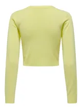 Sweater corto color amarillo pastel, de tejido de punto elástico y cuello redondo.