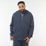 Buzo azul de piqué con cierre de cremallera frontal, capucha con cordones ajustables y bolsillos laterales.