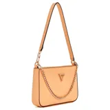 Cartera de hombro color beige con correa ajustable, múltiples compartimentos internos y logo triangular metálico en el frente.