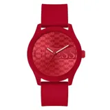 Reloj Guess modelo Reputation, color rojo, con caja redonda de 45mm y correa de silicona. El dial está decorado con el logo de la marca. Resistente al agua hasta 30 metros.