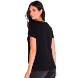 Remera blanca de algodón y poliéster reciclado, con cuello en V y logo de Caterpillar estampado en plateado en el pecho.