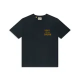 Camiseta negra de algodón con cuello redondo y estampado amarillo con la leyenda 'DÉPT. de la GALERIE' en el pecho.