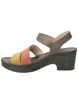 Sandalias de cuero con plataforma y taco de 6 cm. Tiras de cuero color marrón, naranja y amarillo.