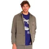 Chaqueta negra de twill de algodón con cierre frontal a presión, bolsillos superiores en el pecho y en la parte inferior, puños elásticos, forro con logo de Caterpillar y bolsillo interior en el pecho.