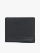 Billetera Tommy Hilfiger de cuero granulado color negro, con diseño plegable, múltiples ranuras interiores para tarjetas, bolsillo interior para monedas, logo en relieve en el pequeño bolsillo delantero y logo metalizado en la parte delantera.