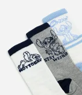 Kit de tres pares de medias de algodón con caña media, cada par con un color diferente, rayas en el puño y estampado de Stitch.