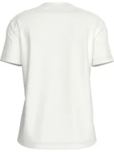 Remera blanca de algodón con cuello redondo y mangas cortas. Presenta un pequeño logo rectangular con el monograma CK en el pecho.