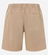 Bermuda celeste de sarga con cintura elástica ajustable con cordón, bolsillos laterales y traseros, y etiqueta con logo en la parte inferior.