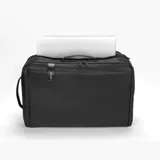 Mochila negra de poliéster y cuero, con asas reforzadas, compartimento para laptop de hasta 17 pulgadas, bolsillo trasero oculto y cinturón para valija. Marca Baleine, modelo Bedford.