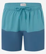 Bermuda de baño masculina confeccionada en microfibra, con cintura elástica, cordón ajustable, bolsillos laterales y trasero con cremallera, y estampado bicolor.