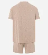 Conjunto de pijama corto para hombre, compuesto por una remera de manga corta con cuello redondo y un short con cintura elástica y cordón de ajuste. El tejido es malla flameada con efecto mezcla en tono verde claro.