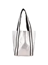 Bolso plateado tipo shopper con detalles en negro.