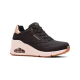 Championes Skechers Street Uno Wedge color negro con detalles en rosa metalizado y suela marrón.