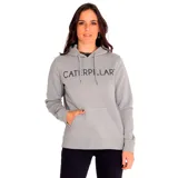 Buzo con capucha color salmón, con logo de Caterpillar estampado en blanco en el pecho y bolsillo tipo canguro.