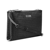 Bandolera Guess color negro con estampado del logo de la marca en toda la superficie, correa de cadena y correa ajustable de cuero sintético.