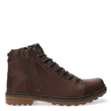 Bota de cuero color marrón con cordones y cierre lateral.