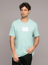 Remera celeste de algodón con cuello redondo y logo de Calvin Klein estampado en el pecho dentro de un recuadro blanco.