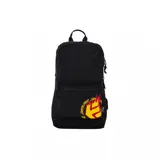 Mochila negra con estampado del logo de Santa Cruz en llamas en el bolsillo frontal.