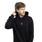 Canguro negro con capucha, cordones ajustables y logo blanco estampado en el pecho.