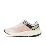 Zapatillas de trail running Merrell Antora 4 para mujer, color rosa pálido con detalles en celeste, negro y amarillo.