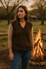 Chaleco de lana marrón tejido a mano con cuello en V y sisas amplias. Diseño clásico y versátil.