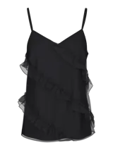 Top negro de tirantes finos ajustables, escote en V y volados diagonales en el frente.