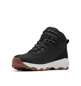 Bota de senderismo Columbia Newton Wander Ltr, color negro con suela blanca y detalles en marrón. Fabricada en cuero impermeable con tecnología Omni-Tech y suela Omni-Grip.