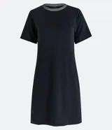 Vestido corto negro de viscosa con mangas cortas y cuello redondo de punto en color blanco y gris.
