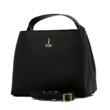 Cartera de mano Vizzano color negro con textura granulada, logo dorado, correa corta y correa larga extraíble.