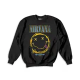 Buzo negro de algodón con cuello redondo y puños y cintura acanalados. Estampado frontal con el logo de la banda Nirvana y el dibujo de la cara sonriente del álbum Nevermind.