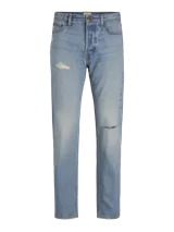 Pantalón jean celeste de tiro alto y corte relajado con roturas en ambas rodillas.