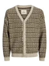 Cárdigan de punto color marrón y beige con cuello en V, cierre de botones, mangas largas con hombros caídos y fit relajado.