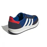 Zapatillas bajas de running, color azul, con detalles en rojo y tres franjas distintivas.
