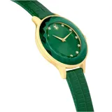 Reloj Swarovski Octea Nova con caja facetada dorada, esfera verde con marcadores de cristal y correa de cuero verde con textura.