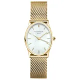 Reloj de acero en color oro con esfera de madreperla, diseño elegante y correa de malla.