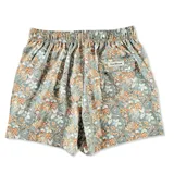 Short de baño para hombre con estampado floral en tonos celeste, naranja y blanco. Tiene elástico en la cintura, cordón ajustable, tres bolsillos y mesh interior hipoalergénico.