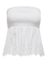 Top strapless blanco con detalles bordados y elástico en la parte superior.