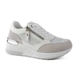 Zapatillas urbanas color gris y blanco con plataforma, cierre con cordones y detalle de cremallera lateral.