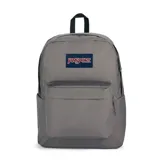 Mochila JanSport Superbreak Plus color gris, con logo de la marca en el frente, compartimento interno para laptop y bolsillo lateral para botella.