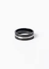 Anillo negro de acero quirúrgico hipoalergénico con línea plateada en el centro.