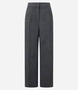 Pantalón de vestir gris oscuro, de corte recto y cintura alta, confeccionado en polivelour.