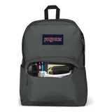 Mochila JanSport Superbreak gris con logo de la marca en el frente, un compartimento principal con cierre, un bolsillo frontal con cierre y dos bolsillos laterales abiertos.