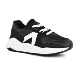 Zapatillas deportivas de diseño elegante en color negro con detalles en blanco, ideales para un look casual.