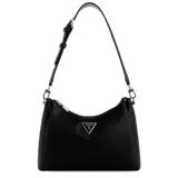 Cartera tote Guess modelo Meridian, color negro con textura granulada y logo triangular metálico en el frente. Tiene correa de hombro ajustable y cierre superior con cremallera.